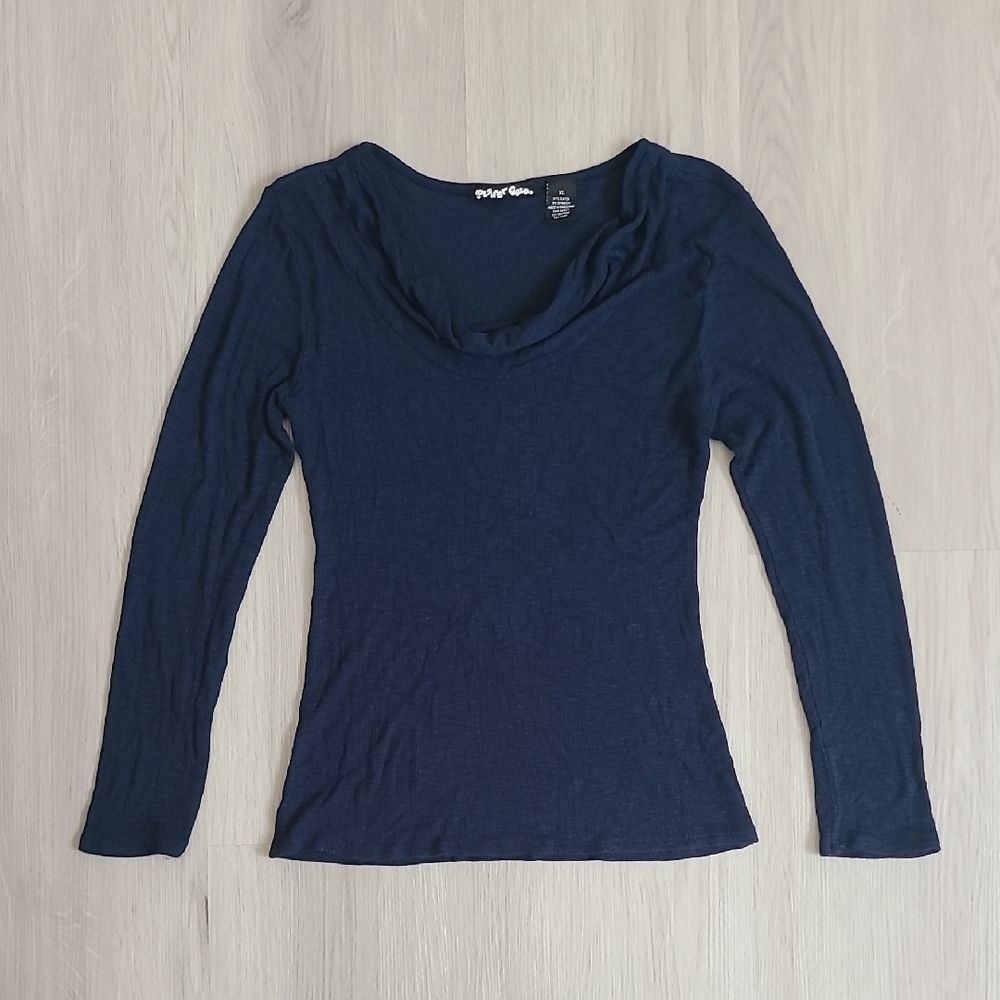 Planet Gold Fitted Cowl Scoop Neck Blue Long Sleeve Ribbed Top Stretchy Size XL